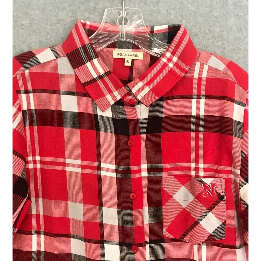 Nebraska Corn Huskers Logo Shirt Womens‎ Small Button Up Roll Long Sleeve Plaid